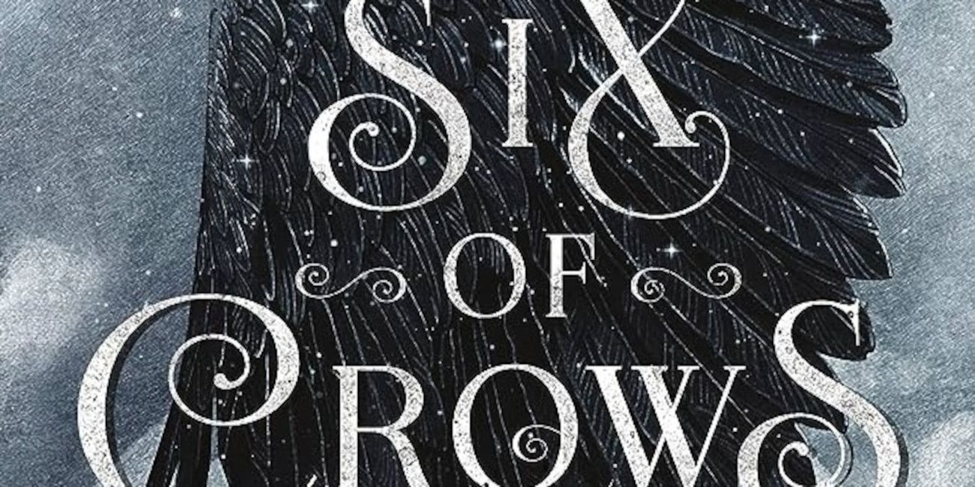 Six of Crows cover with grey background, black wings and the cover