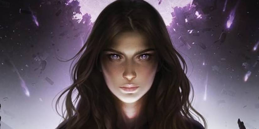 Skyward Cover Brandon Sanderson featuring Spensa with brown hair and purple eyes
