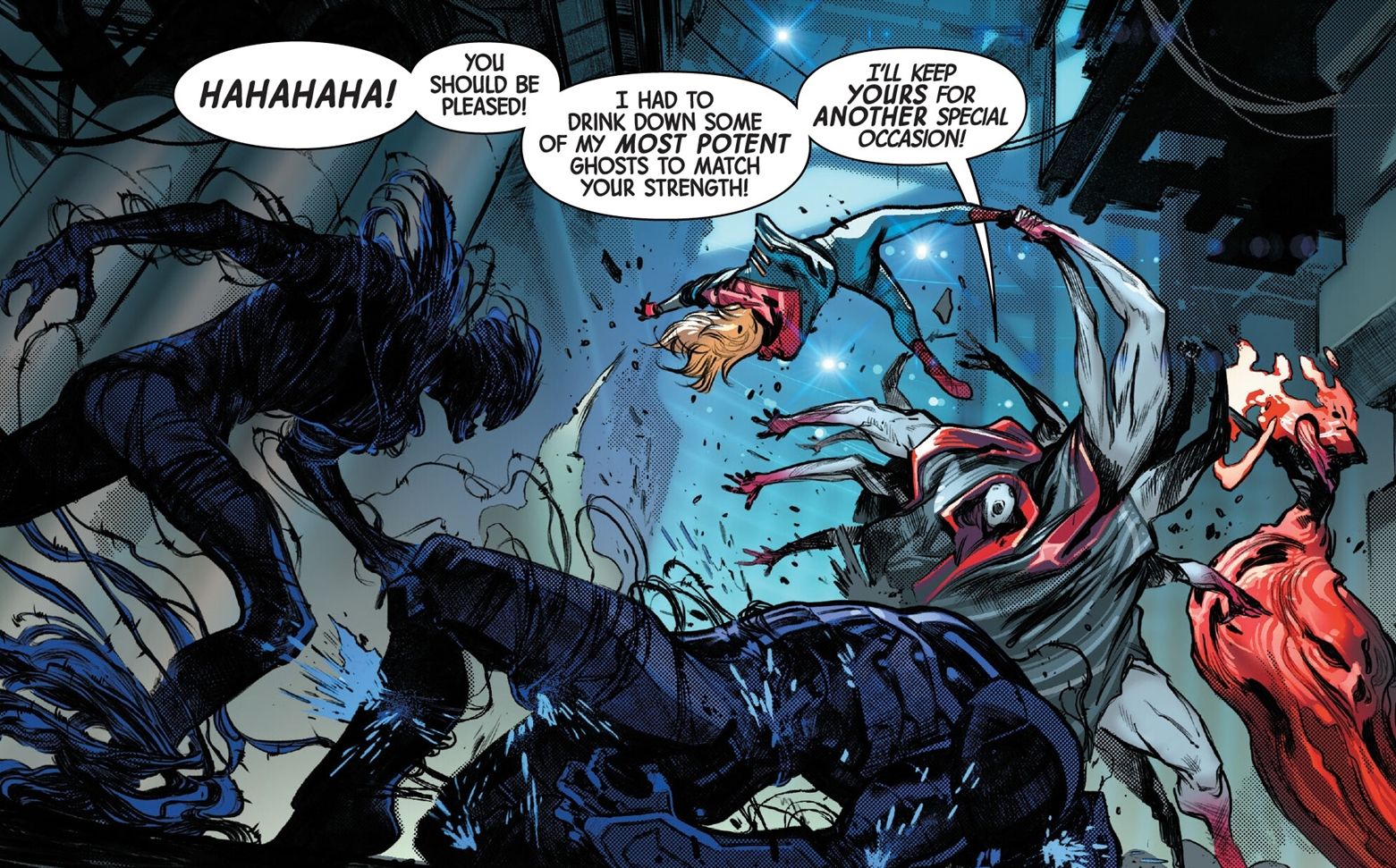 Smoke Eater arremessa a Capitã Marvel com um braço.  O Homem de Ferro está em primeiro plano envolto em arame farpado. 