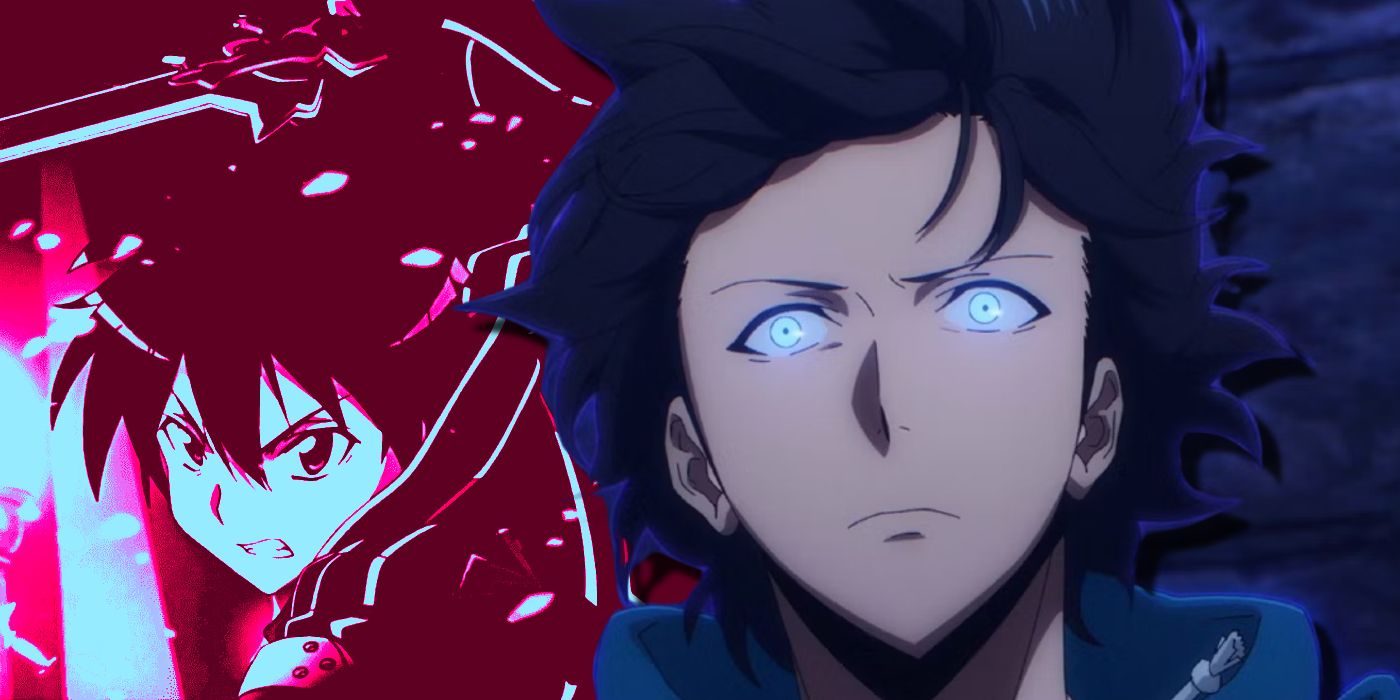 Jin Woo do Solo Leveling com olhos brilhantes e uma aura azul na frente de um Kirito rosa e preto de Sword Art Online
