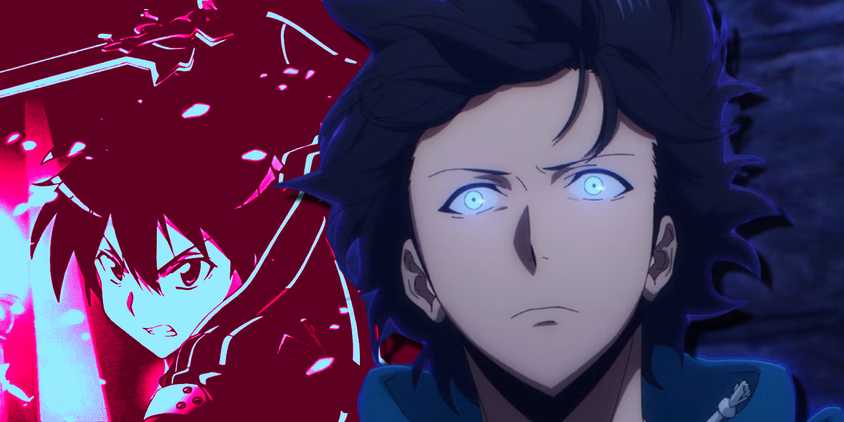 Solo Leveling's Jin Woo with glowing eyes and a blue aura in front of a pink and black Kirito from Sword Art Online