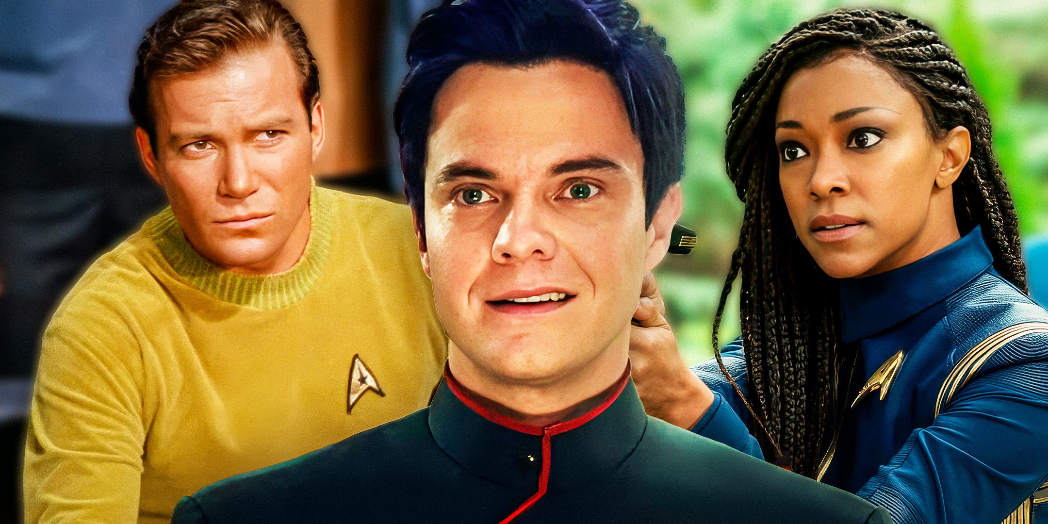 Star Trek's Captain Kirk, Ensign Boimler, and Captain Michael Burnham