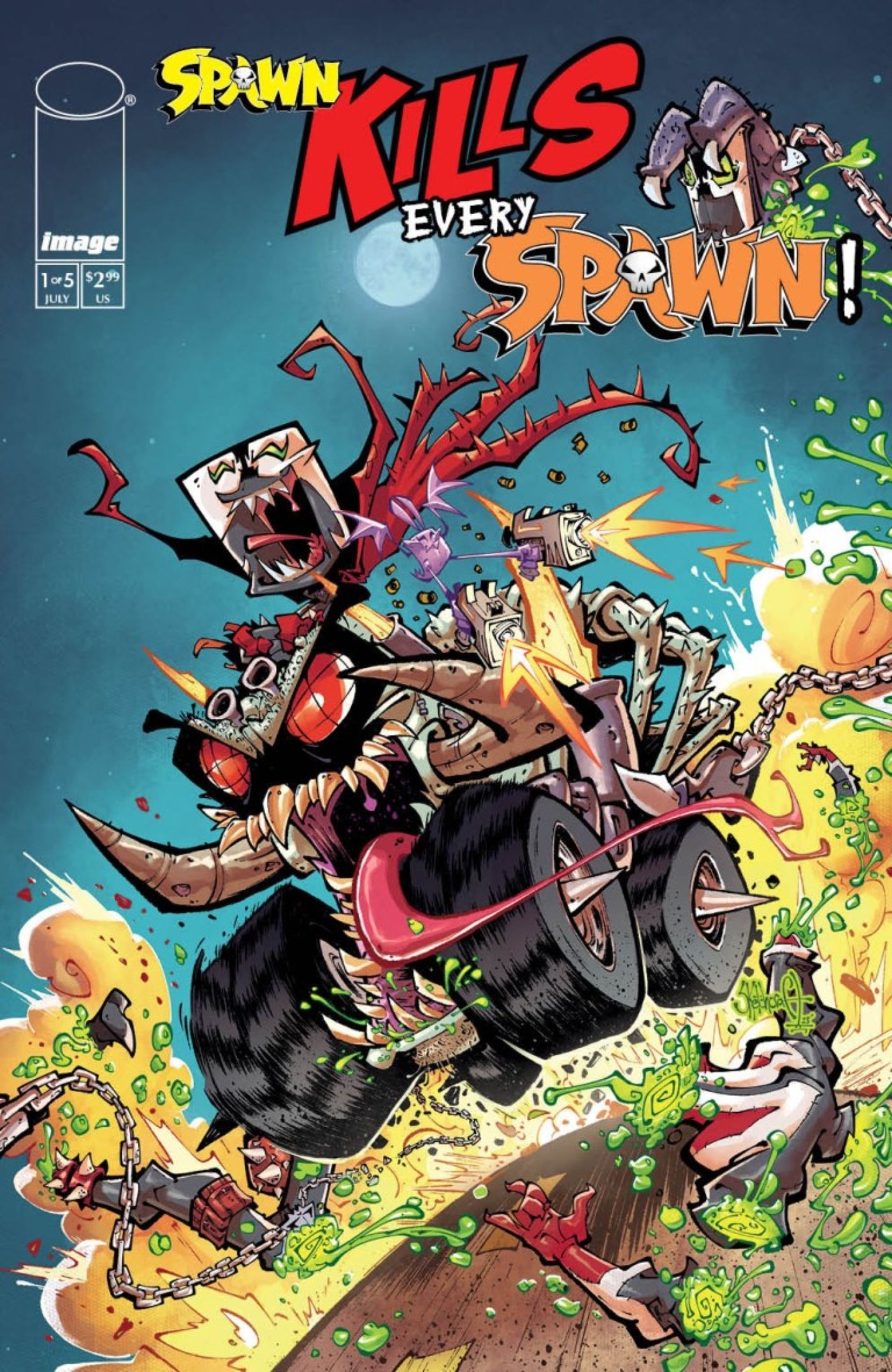 Spawny killing other versions of Spawn on the cover of Spawn Kills Every Spawn.