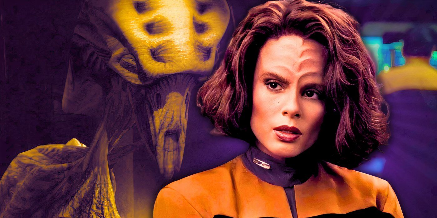 Collage of B'Elanna Torres (Roxann Dawson) looking pensive against a background of a member of Species 8472 from Star Trek: Voyager.