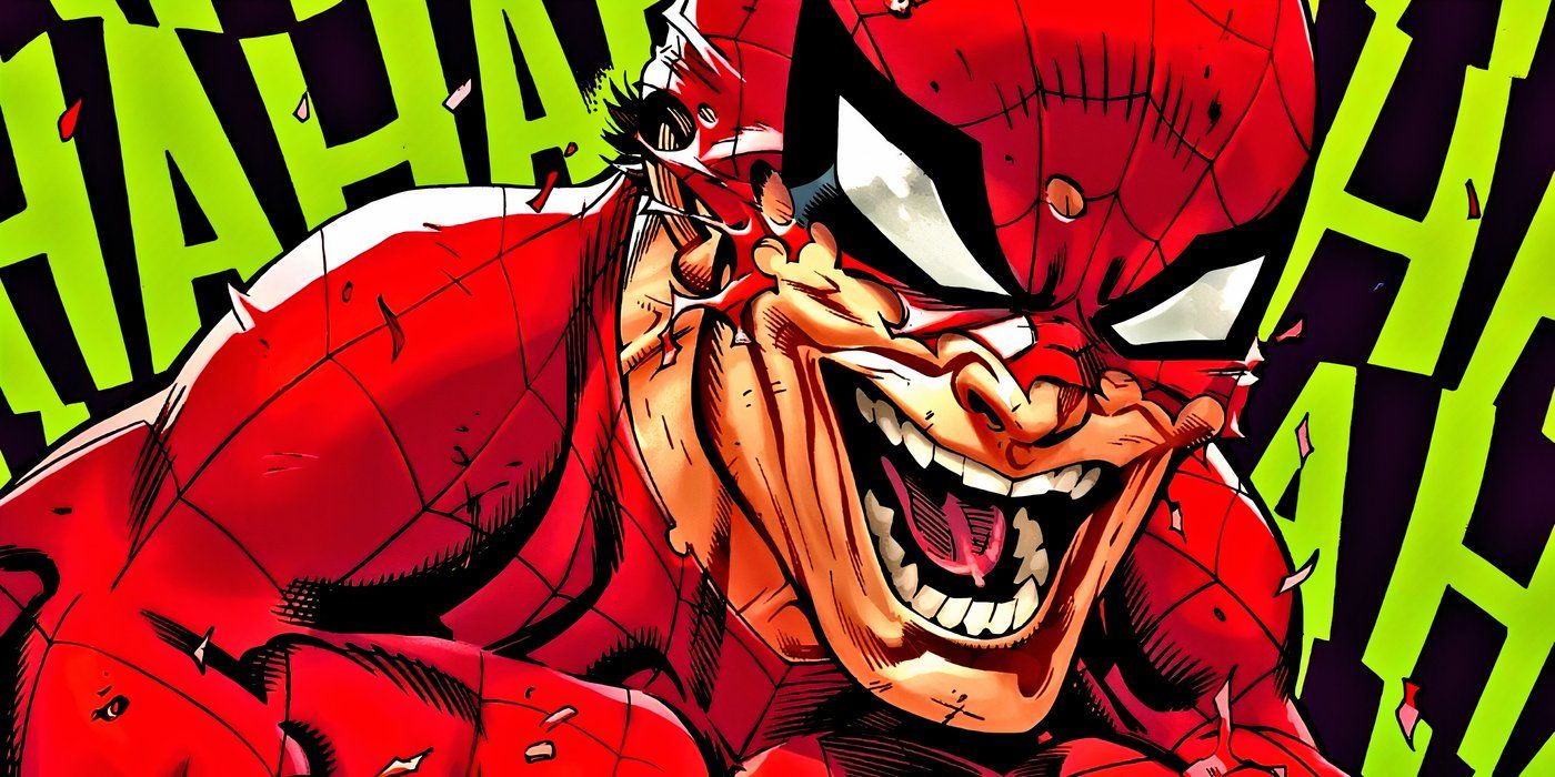 Spider-Man laughing maniacally as the newly-created Spider-Goblin.