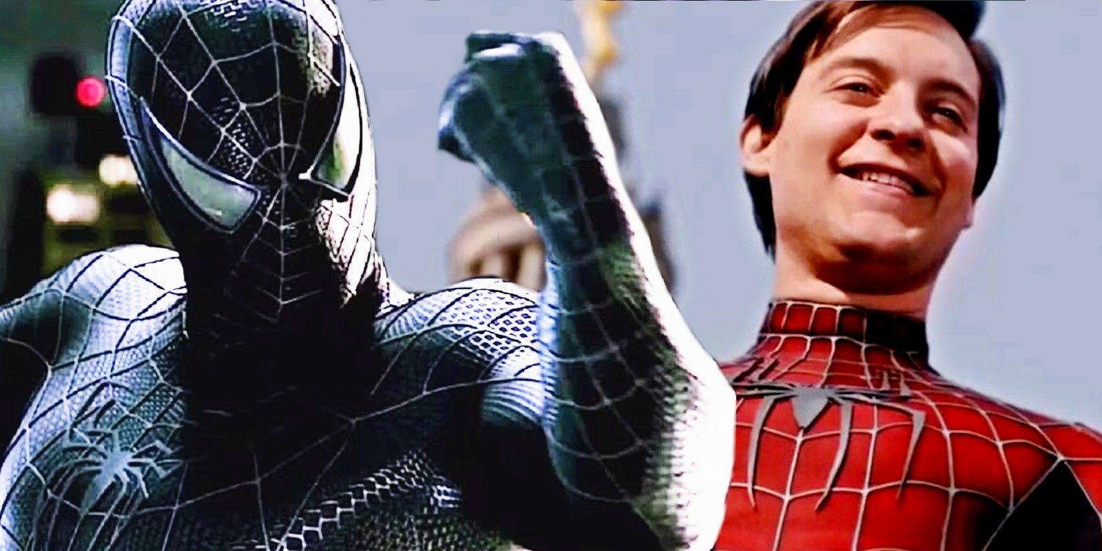 Black suit Spider-Man flexing next to Tobey Maguire's Spider-Man in Spider-Man 3
