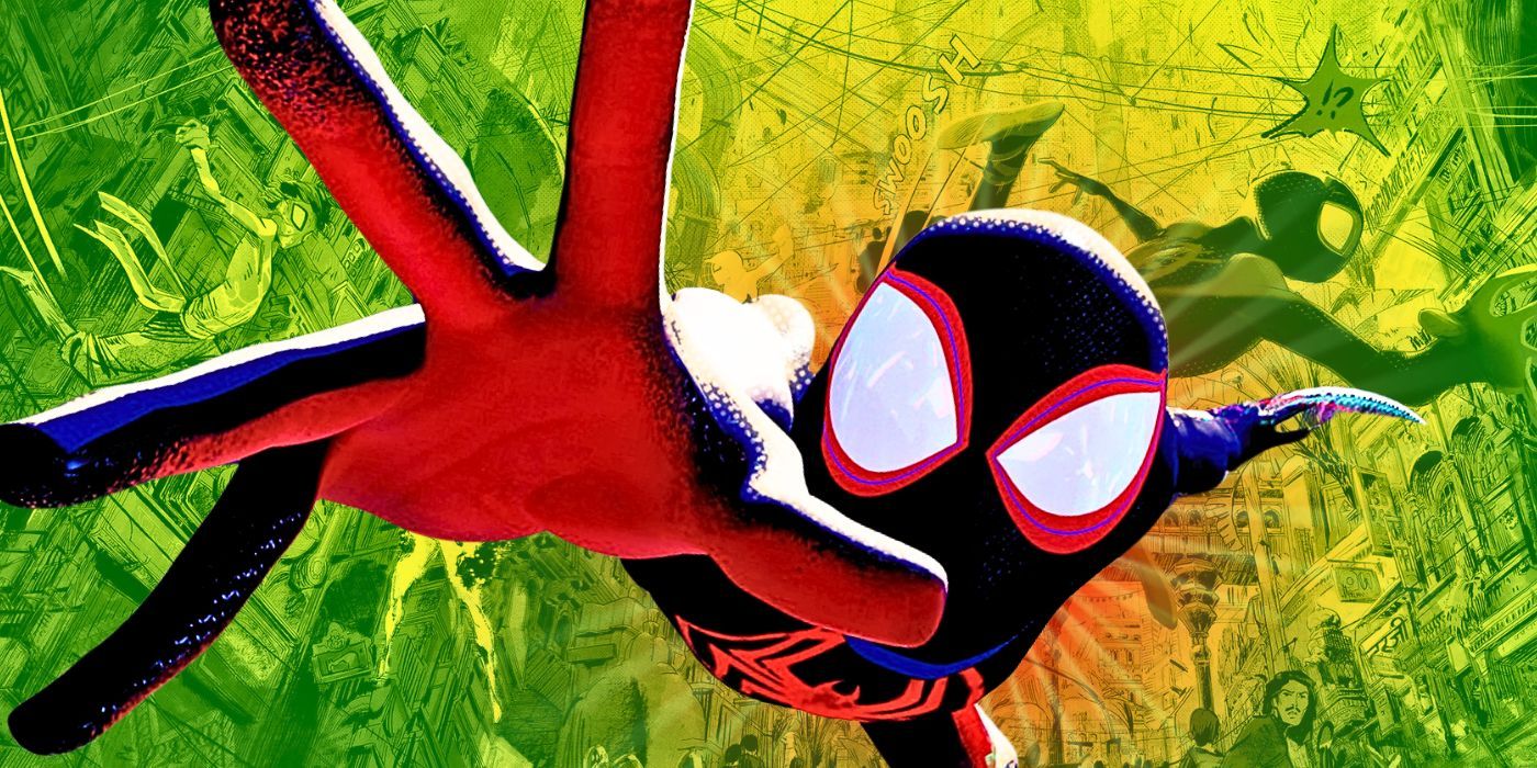 Miles Morales jumps toward the screen in Spider-Man: Across the Spider-Verse