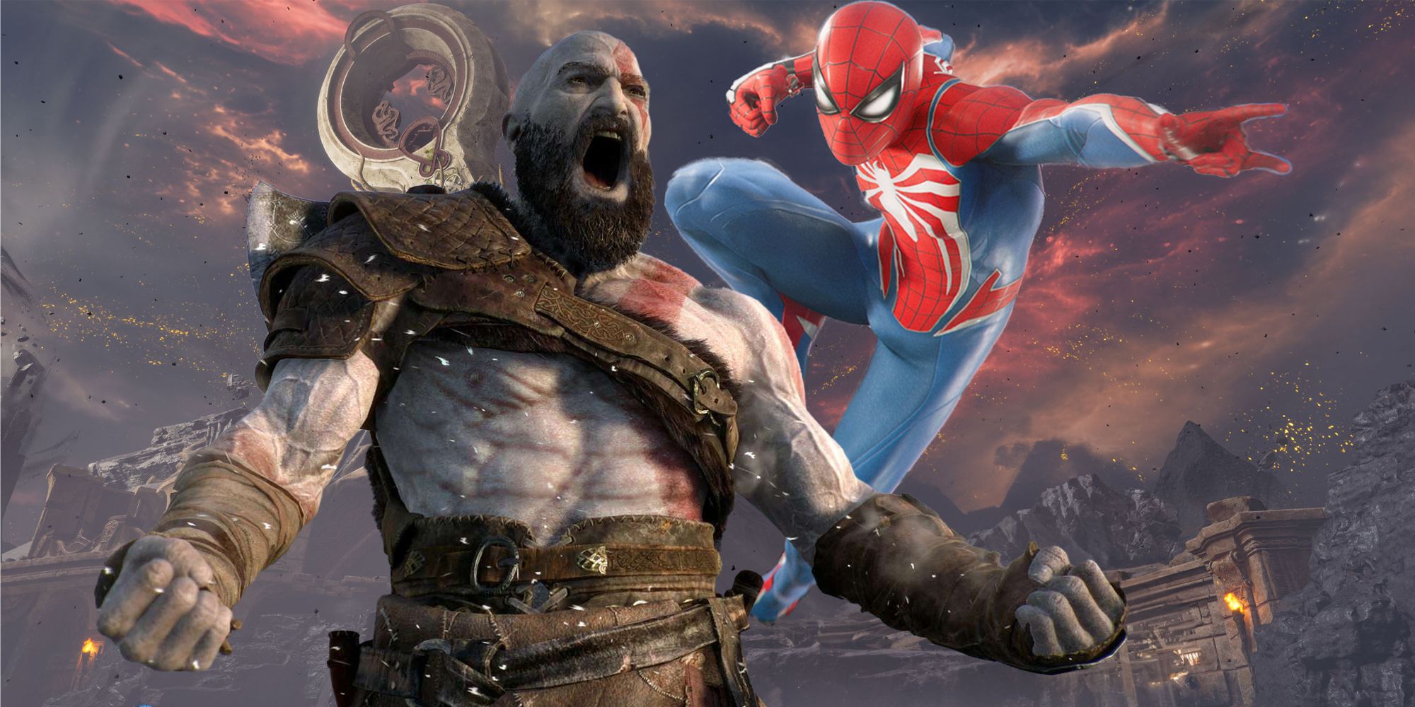 Spider-Man and Kratos with an apocalyptic world from God of War Ragnarok&rsquo;s Valhalla DLC