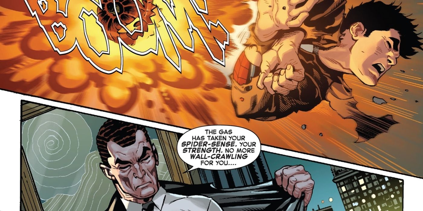 Norman Osborn acerta o Homem-Aranha com um gás que neutraliza seus poderes.