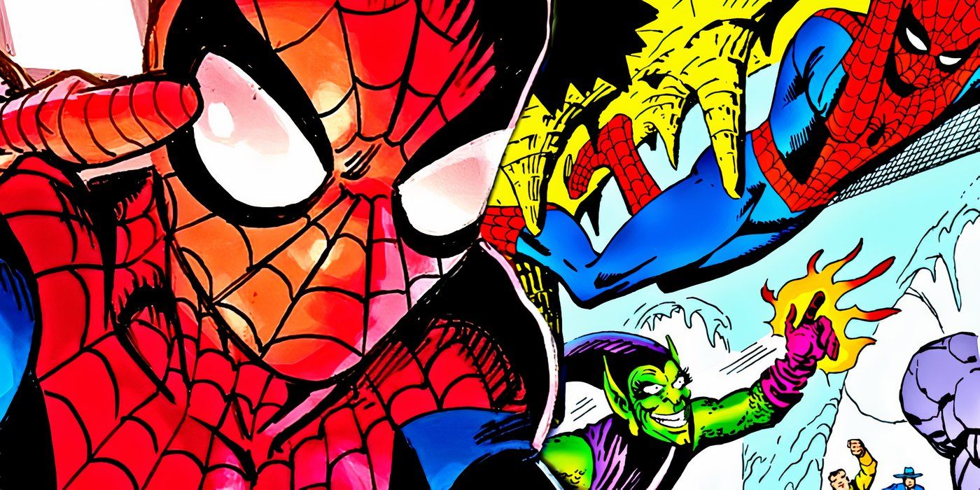 Spider-Man fighting Green Goblin with a newer version of Spider-Man in the foreground.