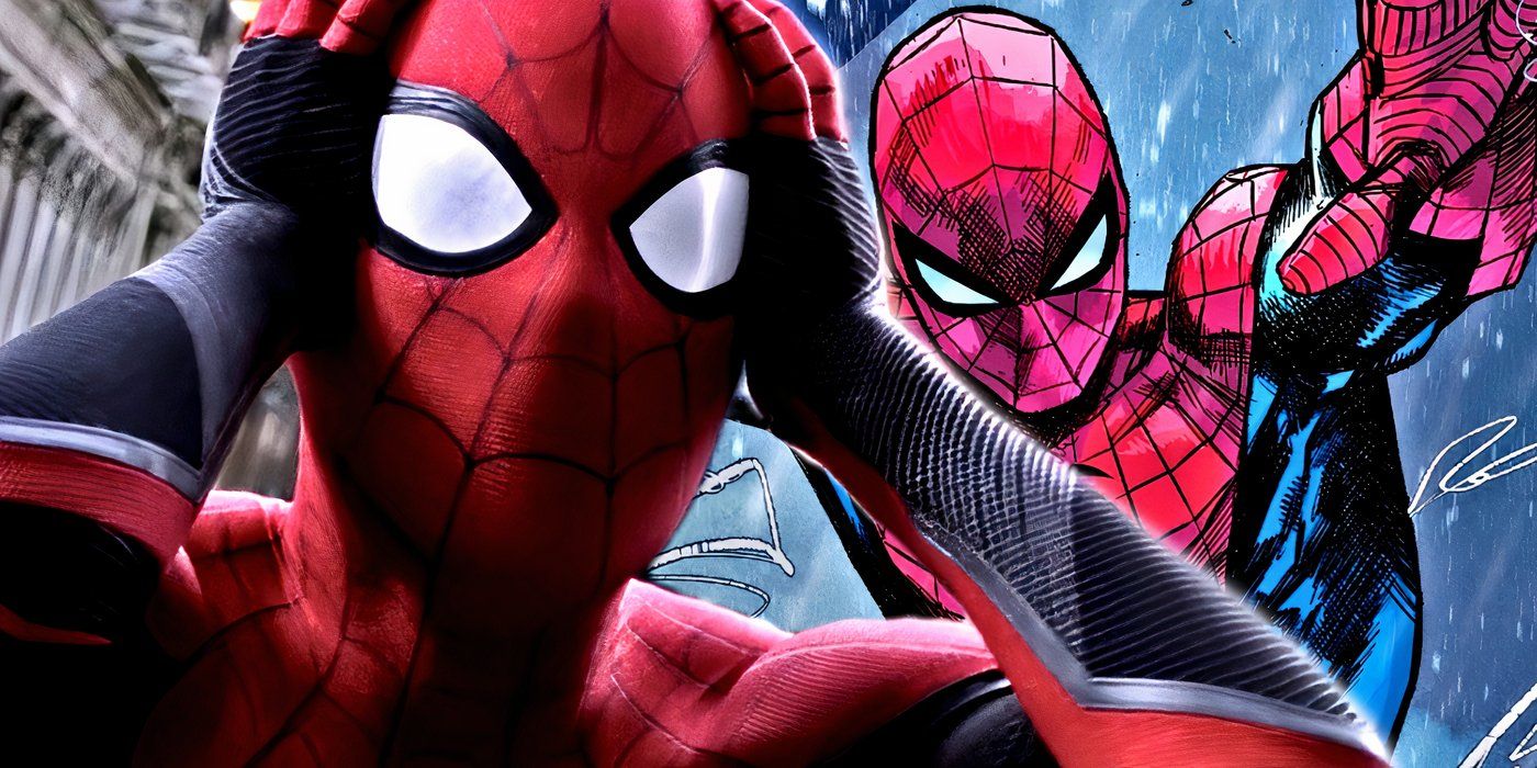 MCU Spider-Man shocked with Ultimate Universe Spider-Man behind him.