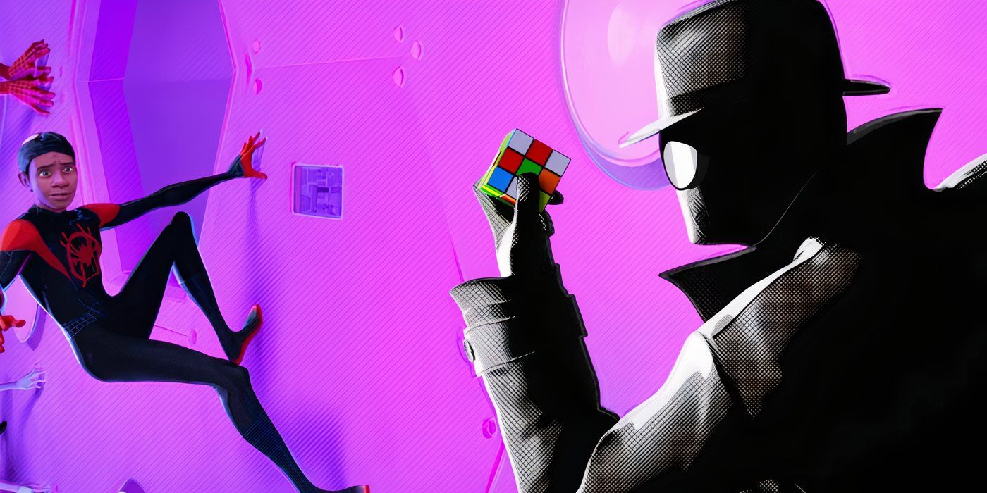 Spider-Man Noir holds a rubix cube up to Miles in Spider-Man Into the Spider-Verse