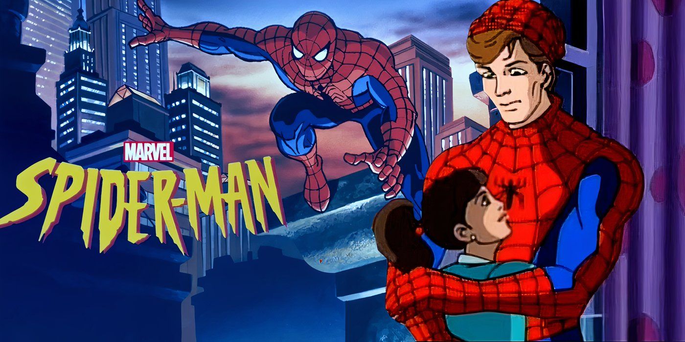 spider-man the animated series peter parker hugging a child with Spider-Man TAS logo behind