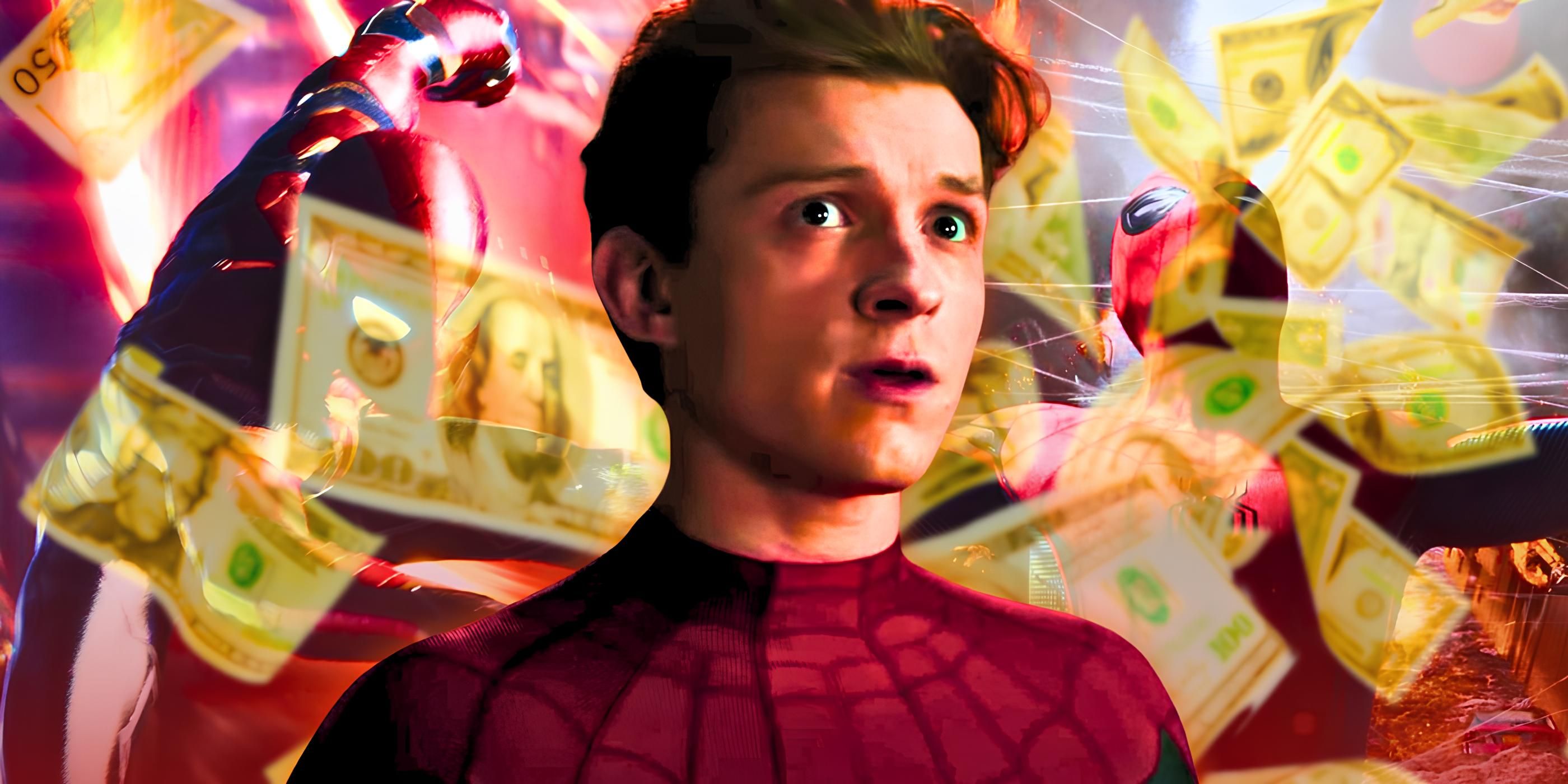 Tom Holland's Spider-Man surrounded by cash