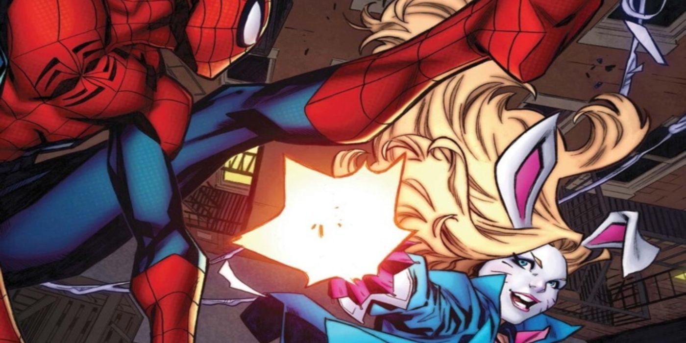 O vilão da Marvel Comics, Coelho Branco, lutando contra o Homem-Aranha.