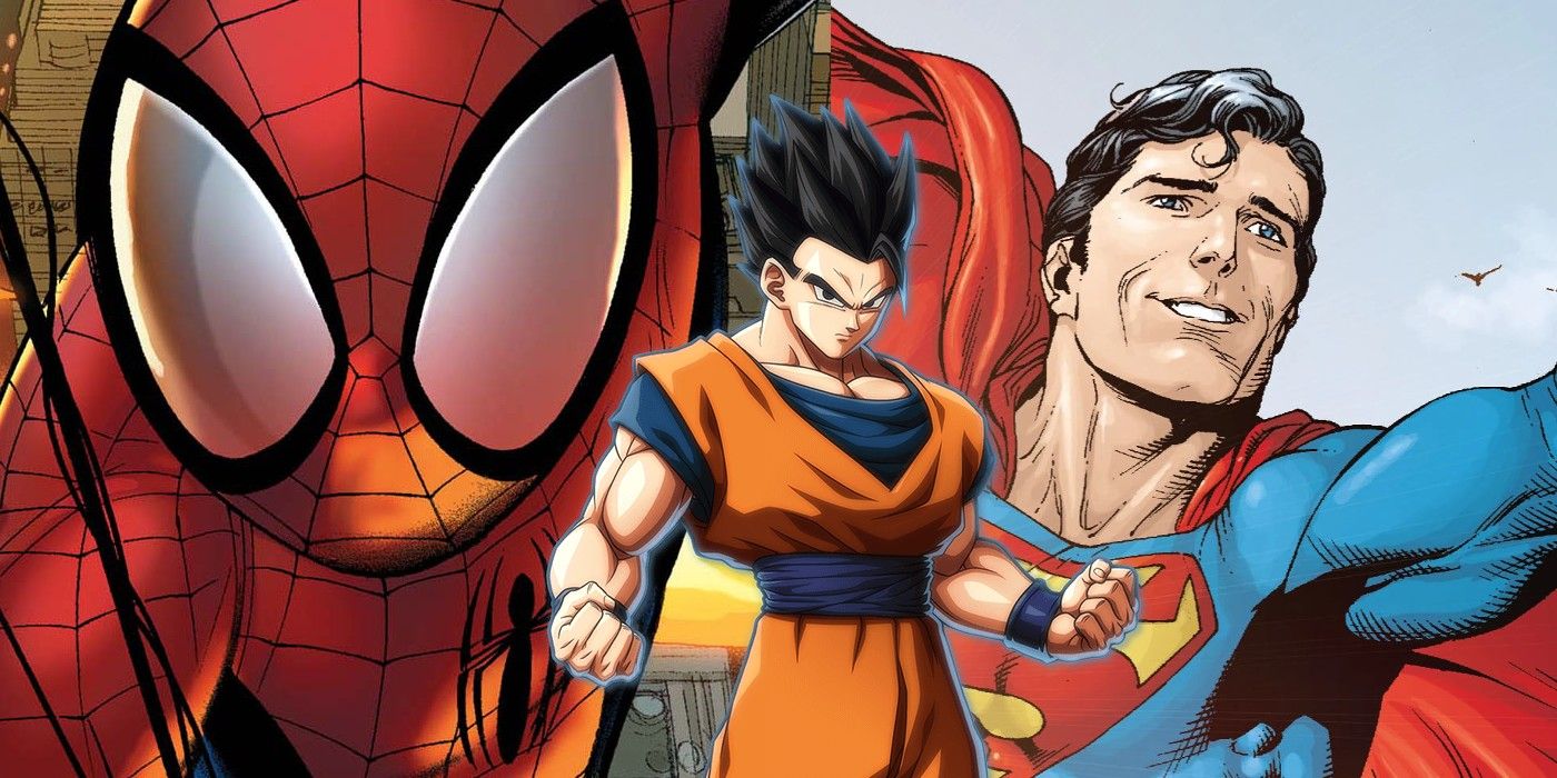 Homem-Aranha e Superman aparecem logo atrás de Gohan de Dragon Ball Z