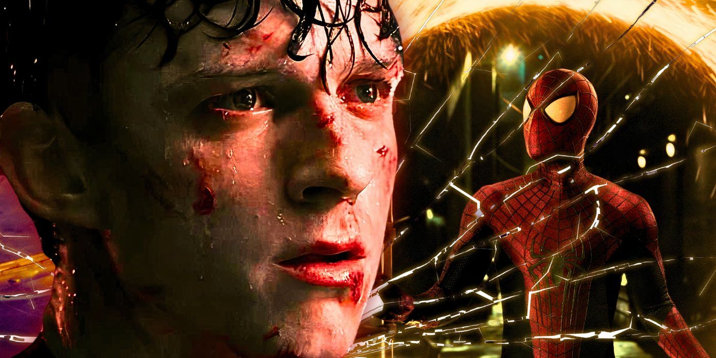 Tom Holland's Spider-Man looking sad in Spider-Man: No Way Home (2024) next to a fractured image of Andrew Garfield's Spider-Man