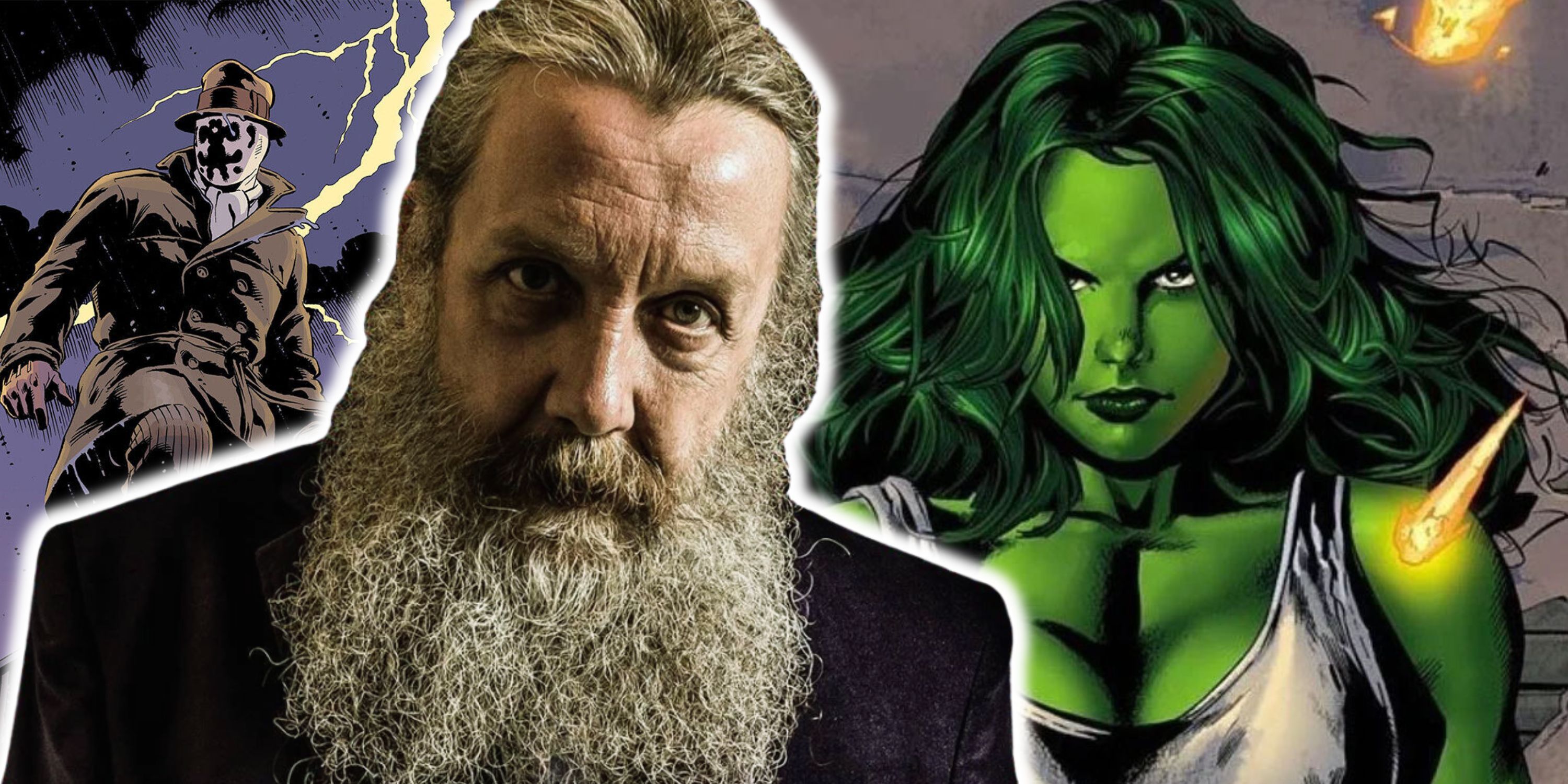 Alan Moore (foreground) with Watchmen character Rorschach (left) and Marvel hero She-Hulk (right) in background.