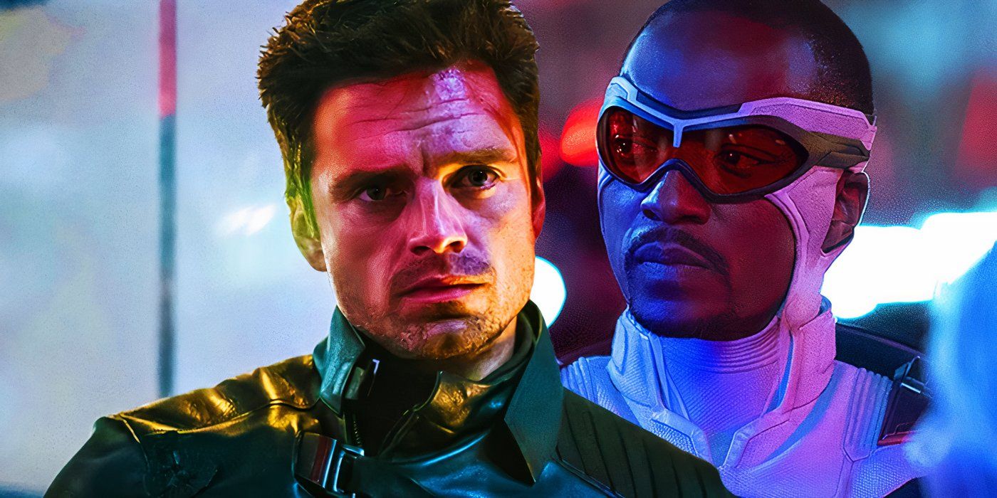 Split image of Bucky Barnes looking attentive and Sam Wilson in his first Captain America costume