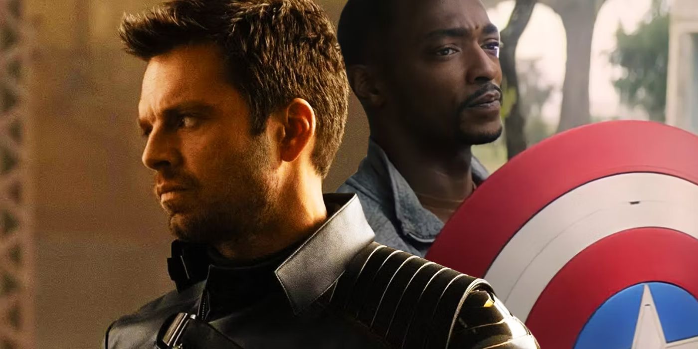Split image of Bucky Barnes' profile and Sam Wilson holding up his shield in the MCU