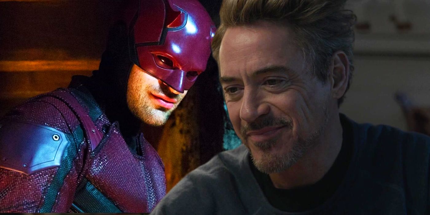 Split image of Charlie Cox's Daredevil and RDJ as Tony Stark smiling in Avengers Endgame