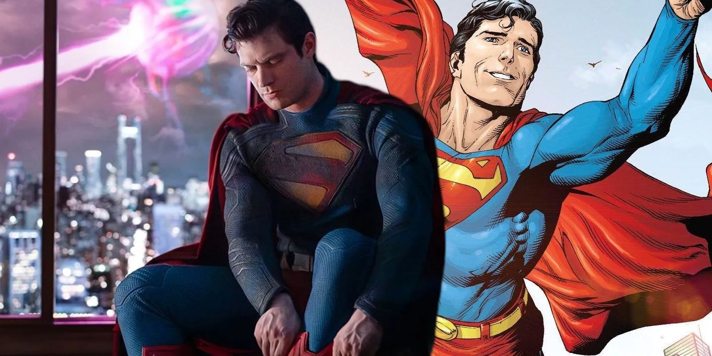 Split image of David Corenswet in Superman costume and comic Superman