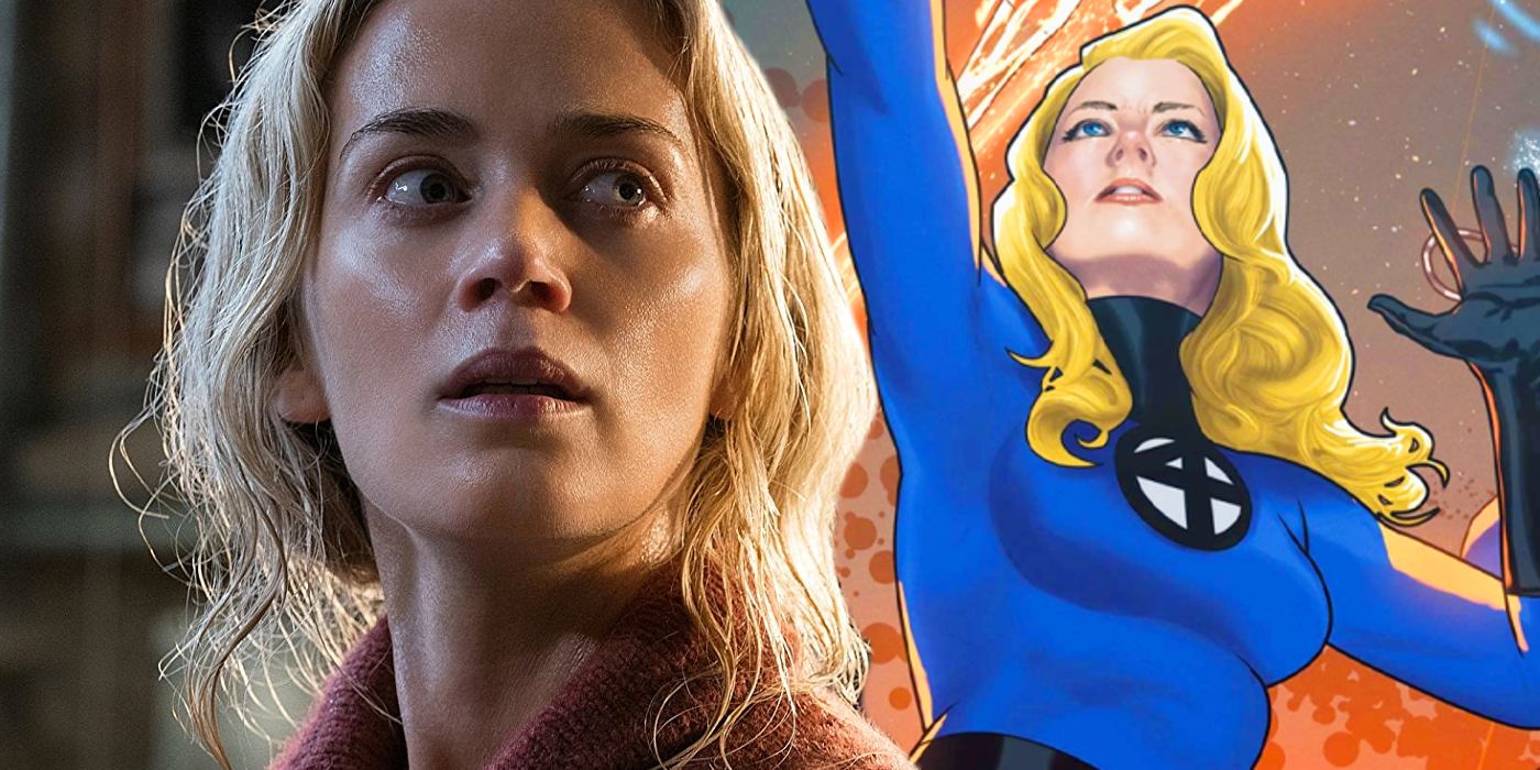Split image of Emily Blunt in The Quiet Place and Sue Storm reaching up in Marvel comics