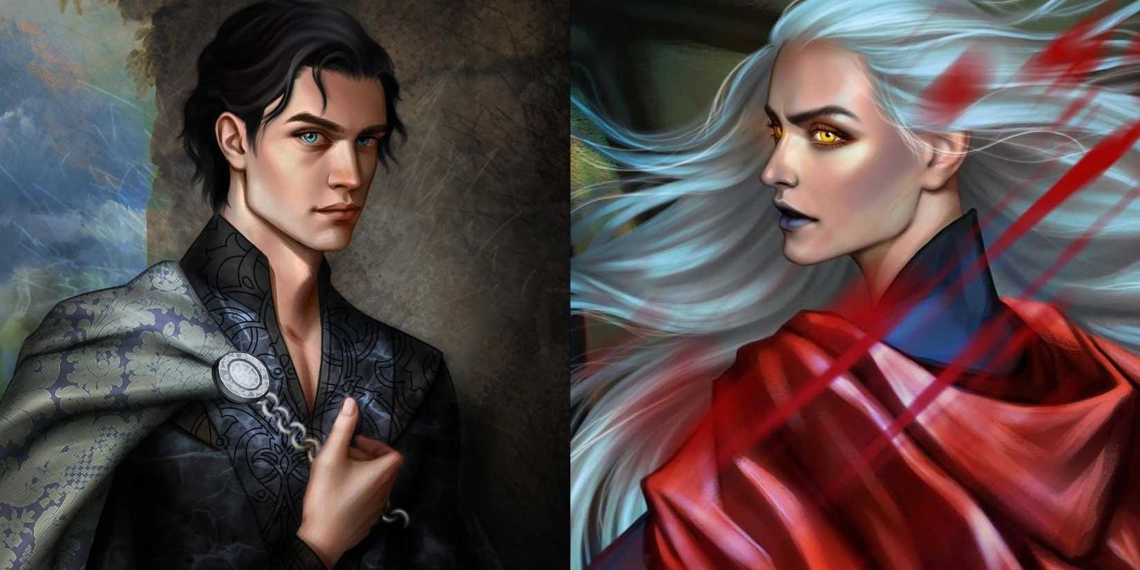 Split image of fan art of Dorian and Manon from Throne of Glass