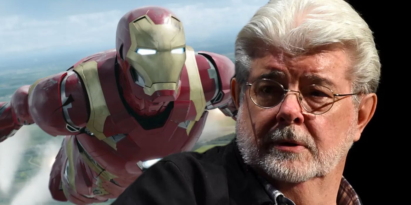 Split image of George Lucas and Iron Man MCU armor