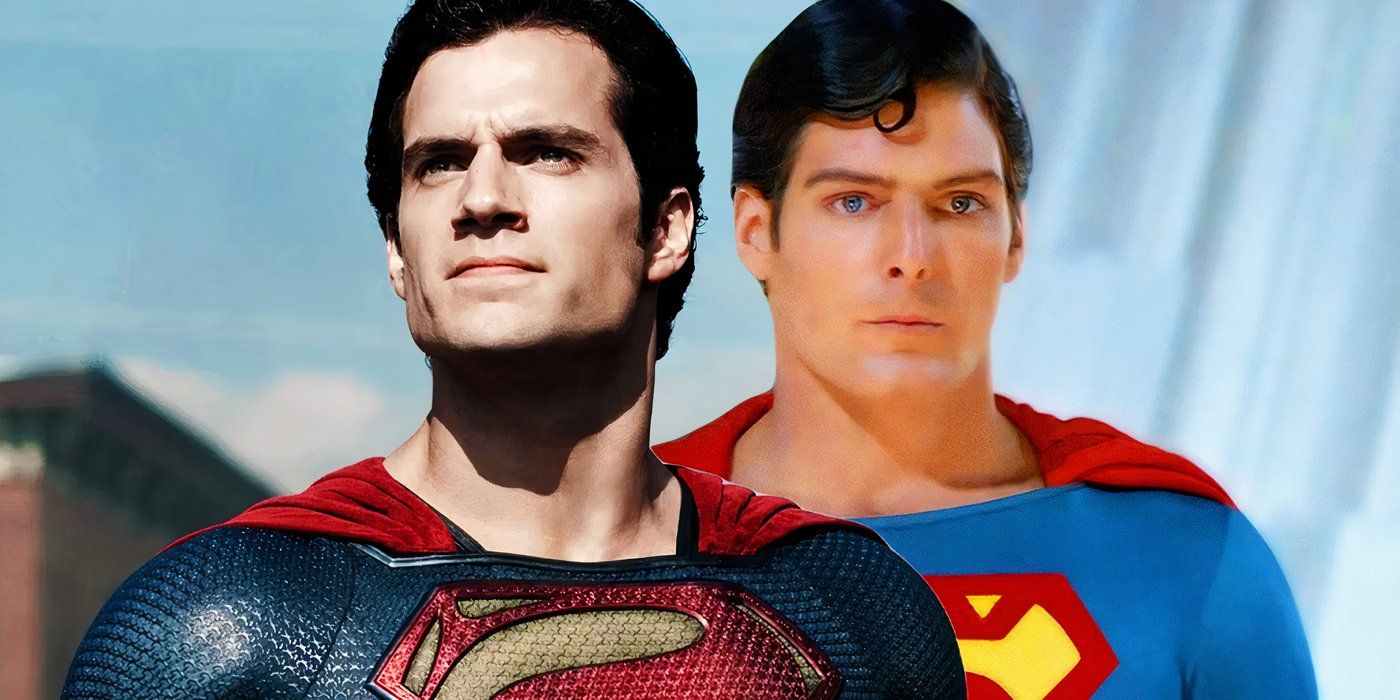Split image of Henry Cavill and Christopher Reeve as Superman both looking stoic