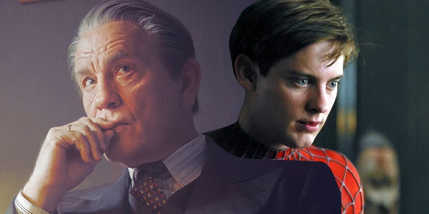 Split image of John Malkovich with his hand to his mouth and Tobey Maguire as Spider-man