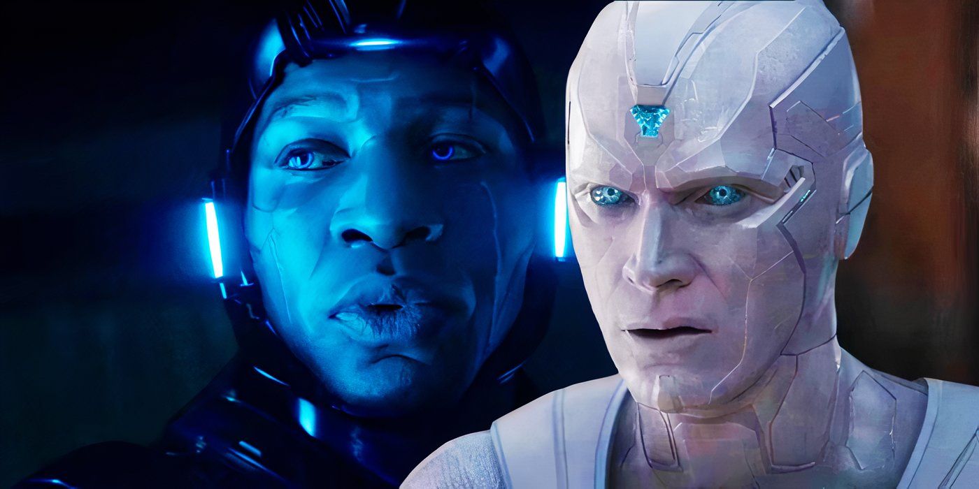 Split image of Kang in his blue helmet and white vision looking confused