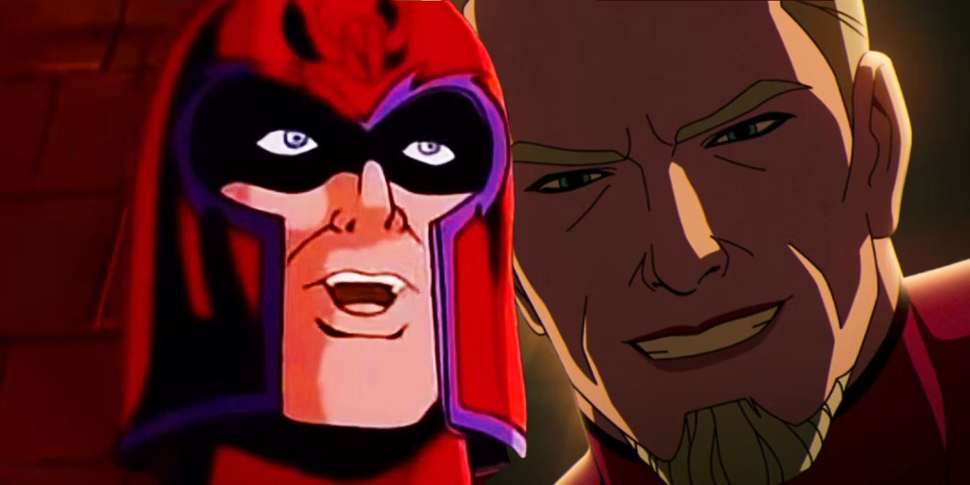 Split image of Magneto speaking in original animated series and Bastion smiling in X-Men '97