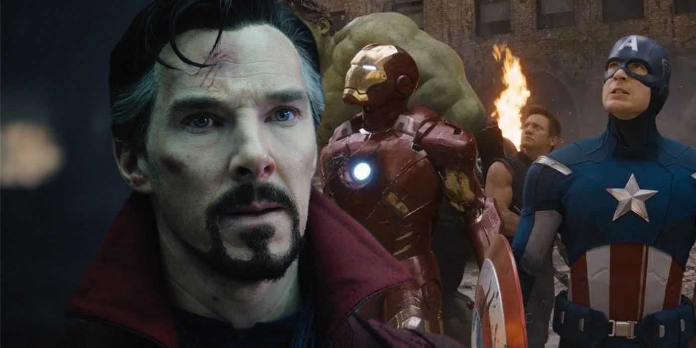 Split image of MCU Doctor Strange looking sad and The Avengers in the first MCU movie