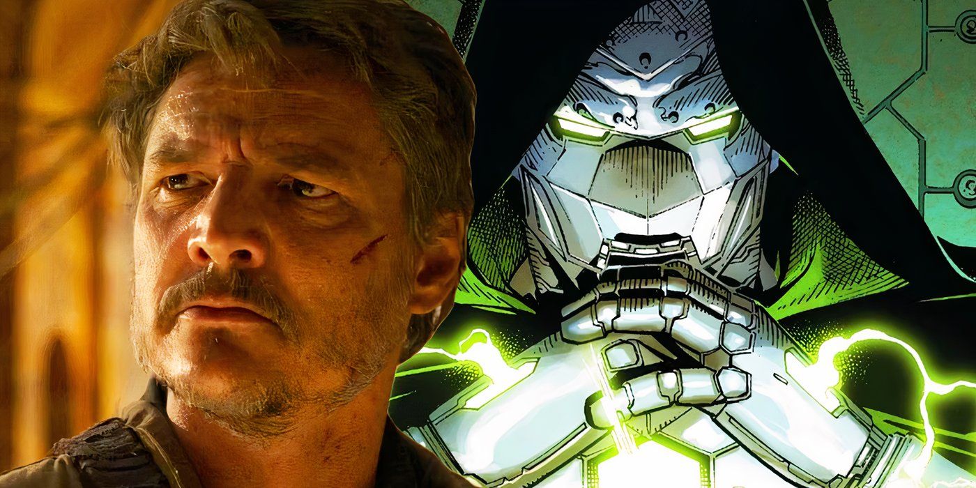 Split image of Pedro Pascal scowling as Joel in The Last of Us and Doctor Doom with his hands clasped in Marvel Comics