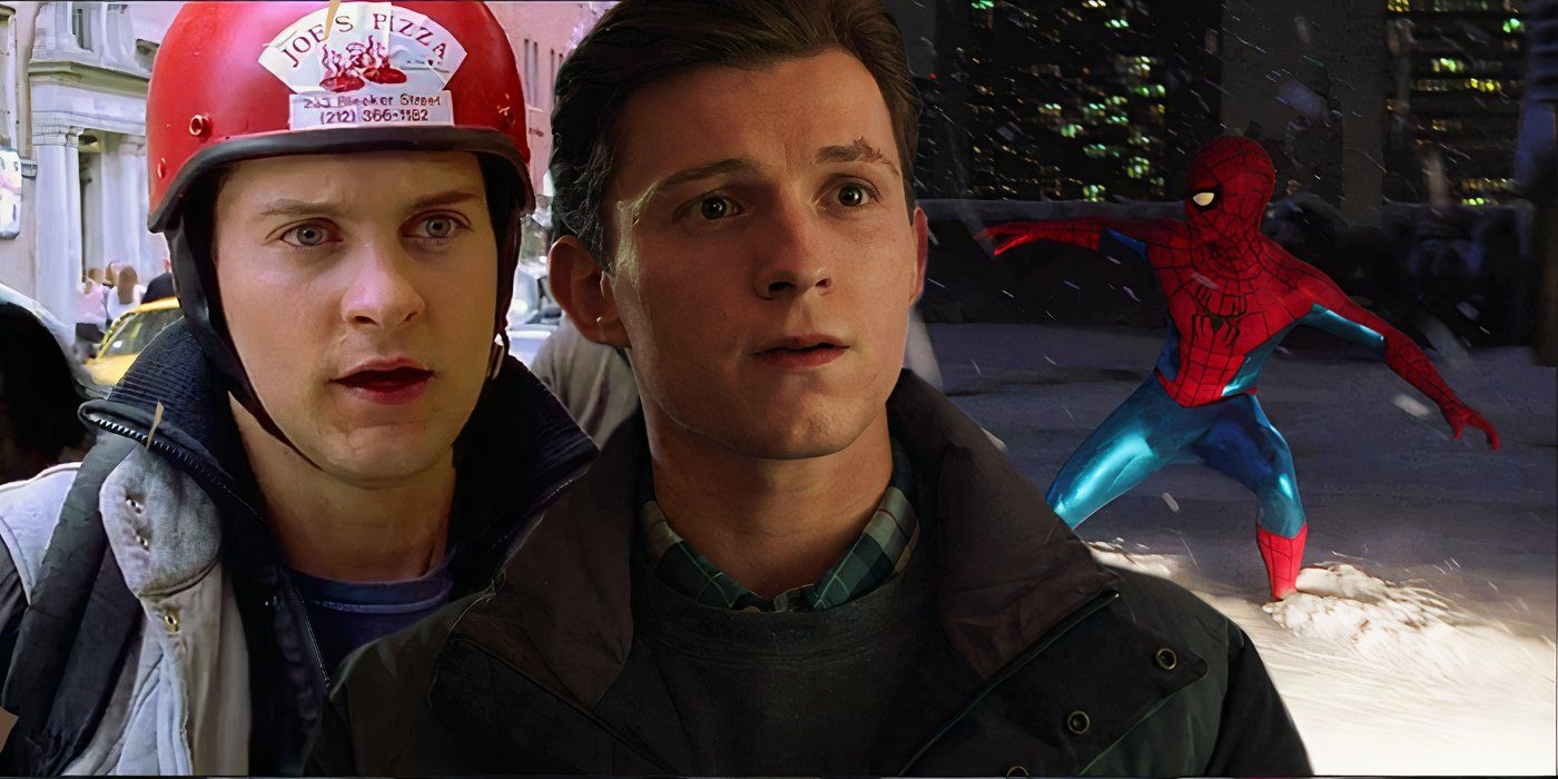 Split image of Peter Parker at the end of Spider-Man No Way Home and Tobey Maguire's Spider-Man when working for Joe's Pizza