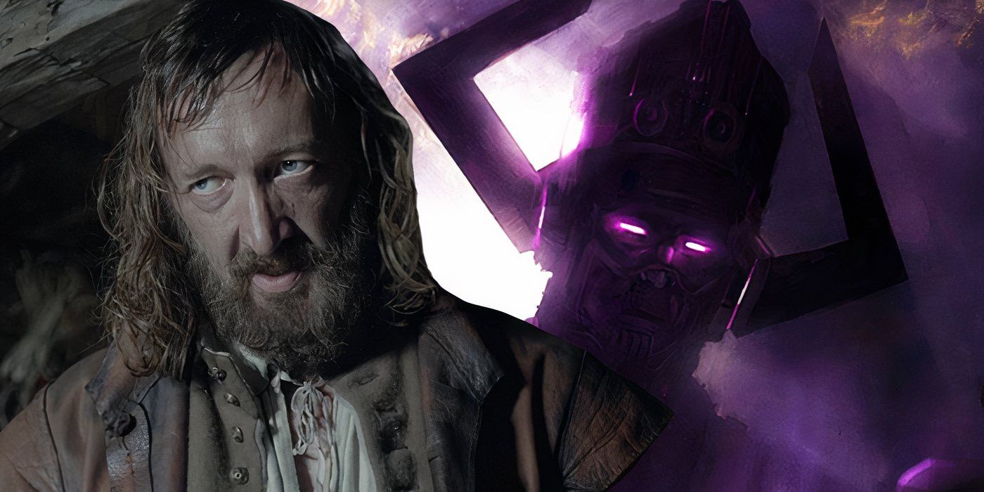 Split image of Ralph Ineson as William in The Witch and Galactus looming in the cosmos in Marvel Comics