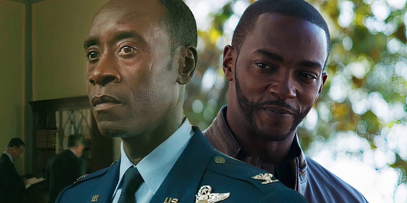 Split image of Rhodey looking serious in uniform and Sam Wilson smirking in Falcon and the Winter Soldier