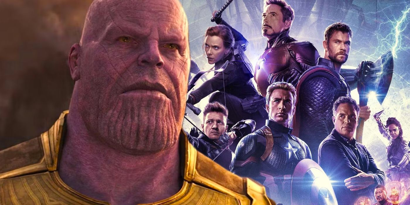 Split image of Thanos and Avengers- Endgame heroes