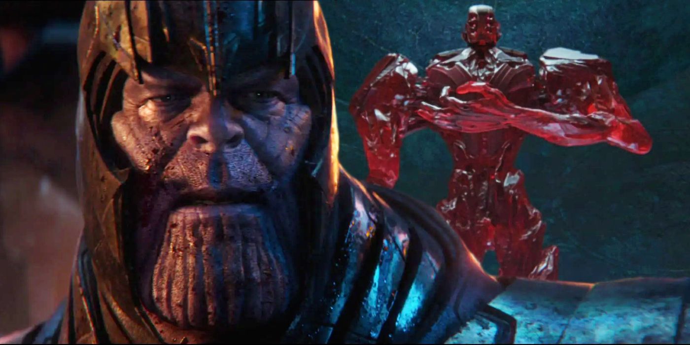Split image of Thanos and statue or Arishem the judge