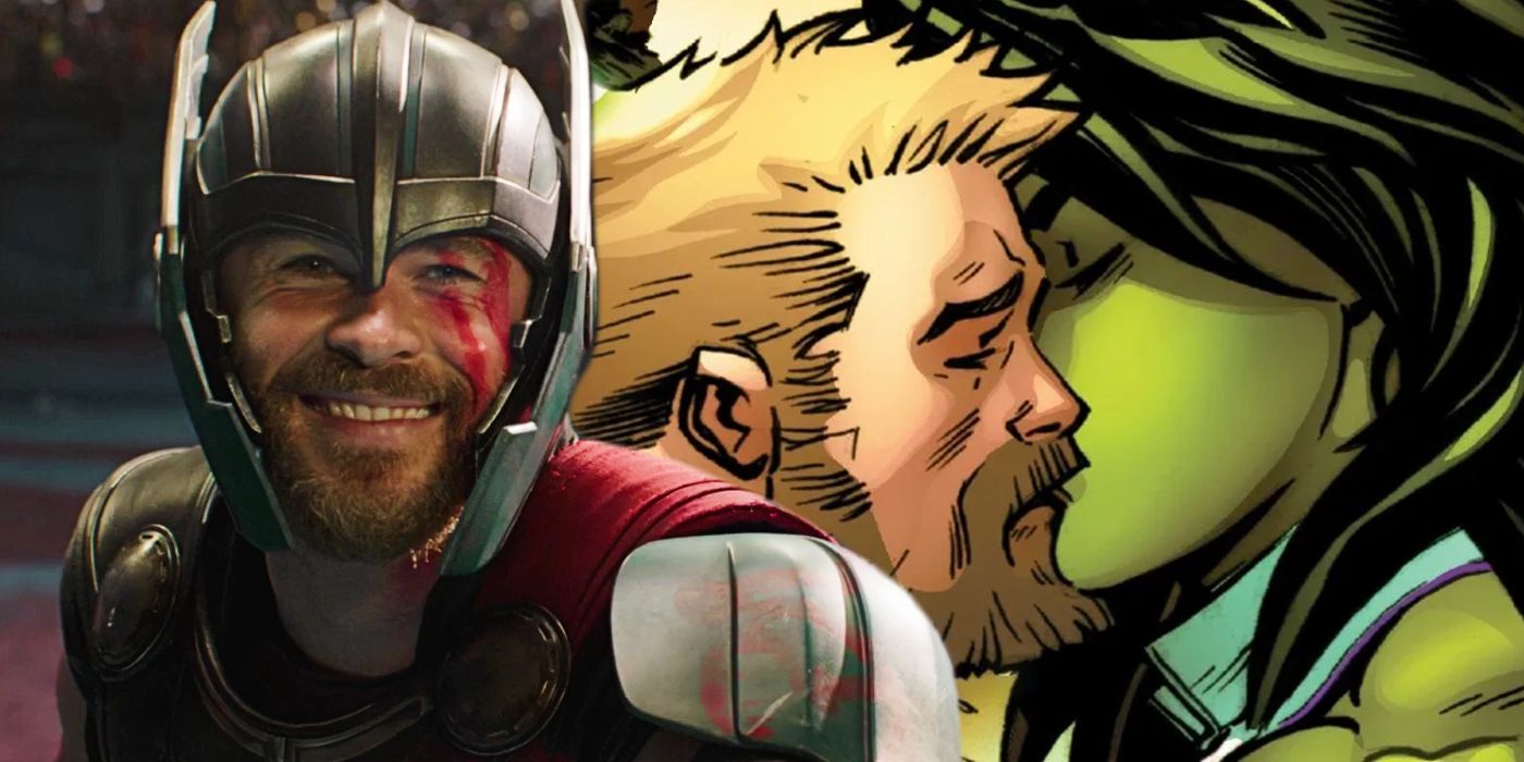 Split image of Thor smiling and Thor and She-Hulk kissing