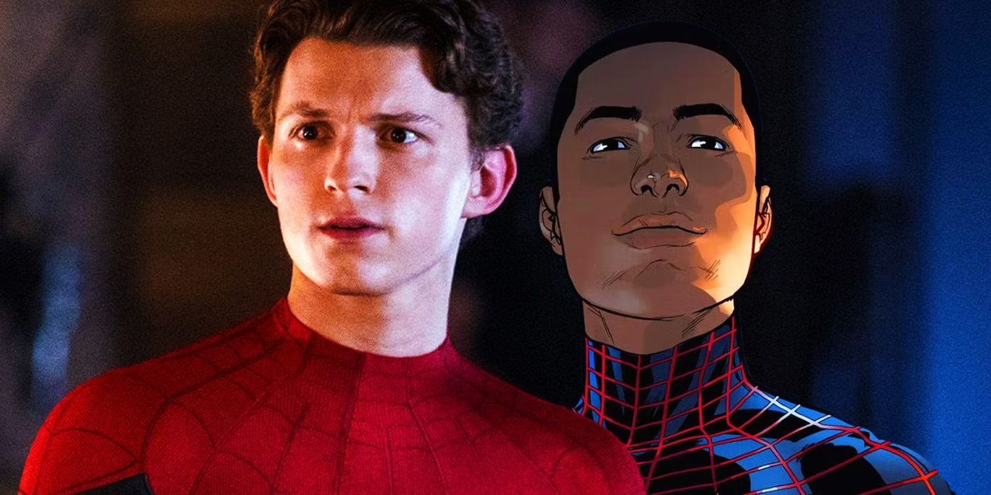 Split image of Tom Holland's spider-man looking serious in front of Miles Morales' Spider-Man smiling from Marvel Comics