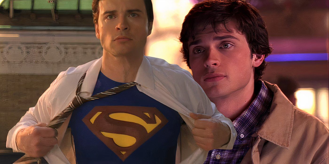 Split image of Tom Welling as Clark Kent opening his shirt to reveal Superman costume and stood with plaid shirt and plaun jacket
