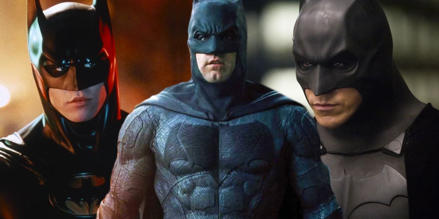 Split image of Val Kilmer, Ben Affleck, and Christian Bale as Batman