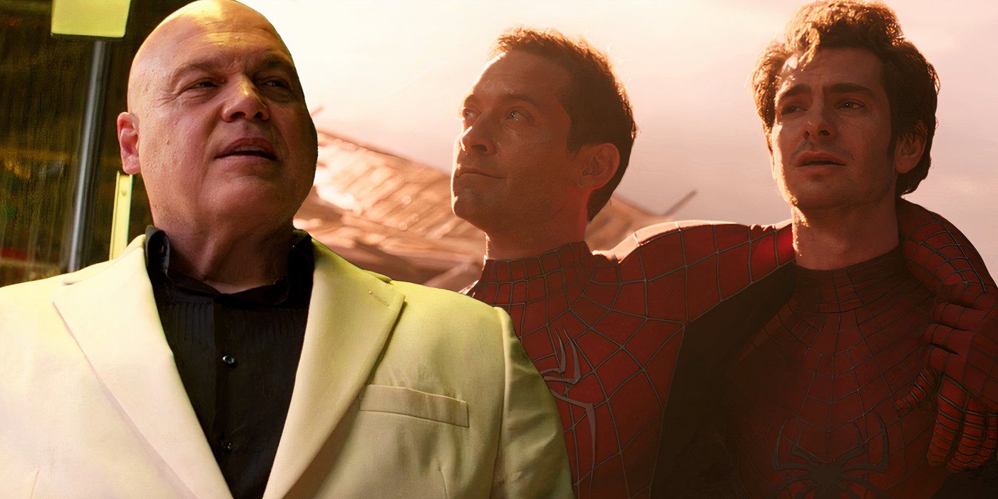 Split image of Vincent D'Onofrino as Kingpin in Hawkeye on the left, Tobey Maguire and Andrew Garfield as Peter Parker variants in Spider-Man No Way Home on the right