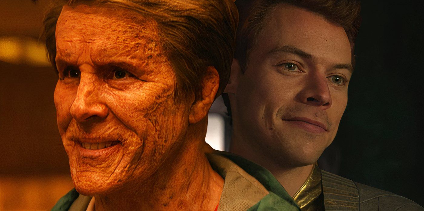 Split image of Wade wilson in a wig smiling in Deadpool & Wolverine and Starfox smiling in Eternals post-credits scene