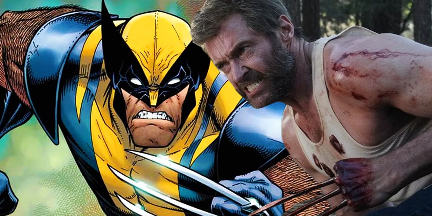 Split image of Wolverine from the comics and Wolverine from Logan both growling with claws unsheathed