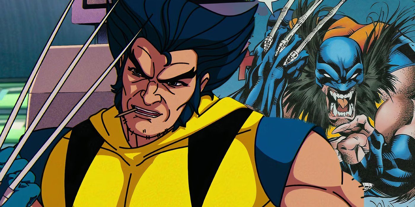Split imge of Wolvering looking at his claws in X-Men '97 and feral wolverine from the comics