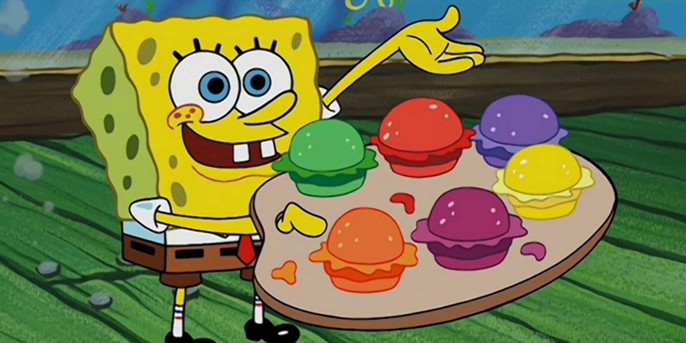 SpongeBob holding a plate with colorful burguers