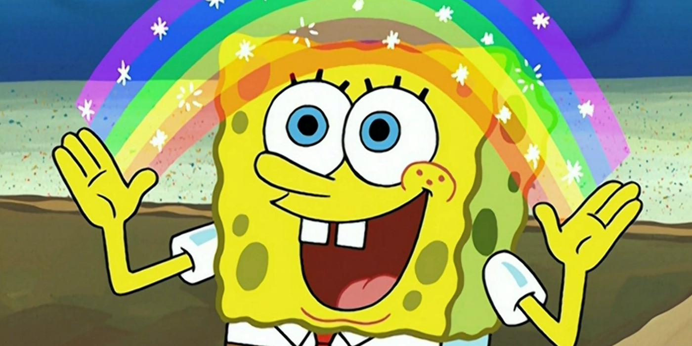 SpongeBob saying IMAGINATION with a rainbow between his hands in SpongeBob SquarePants